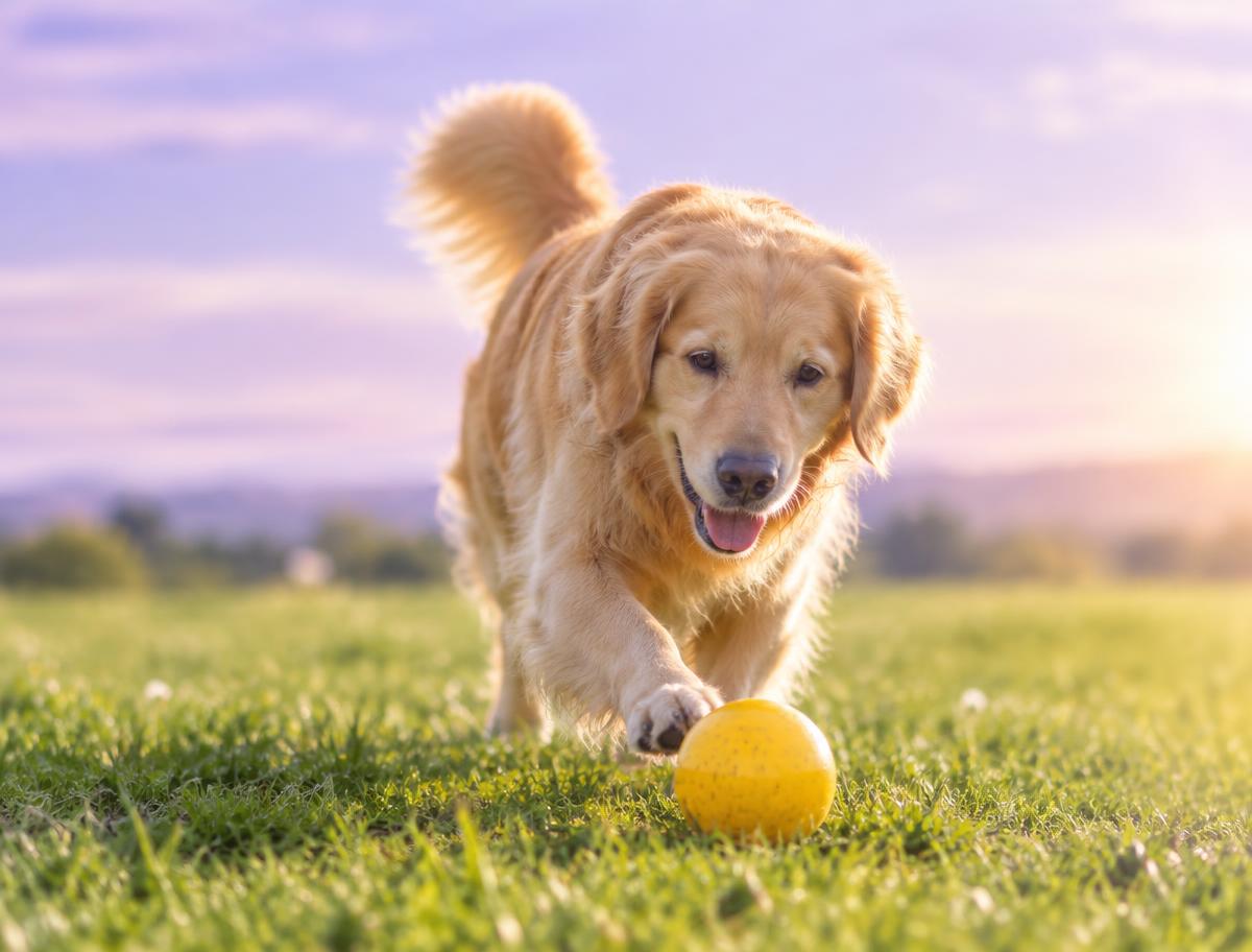 Cão a brincar com uma bola amarela na relva